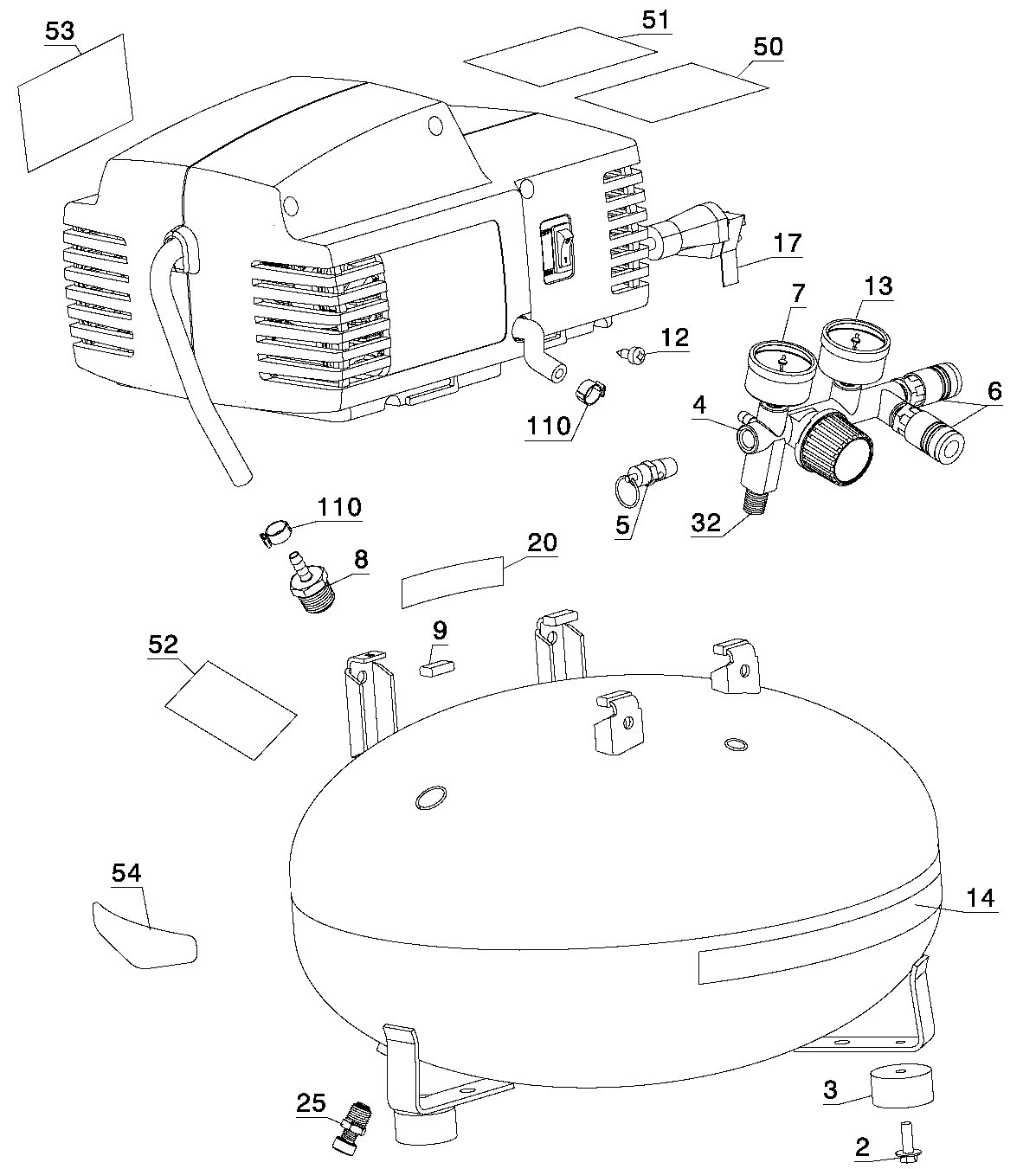 Default Diagram and Parts List for CFFN251N-P Type 0 Porter Cable Compressor